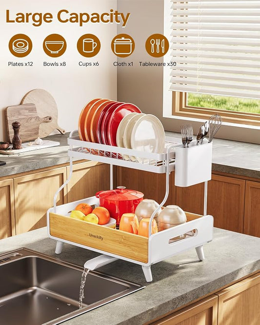 Urackify 2-Tier Dish Drying Rack, Large Stainless Steel & Bamboo Dish Rack for Kitchen Counter, Dish Drainers with Adjustable Automatic Spout, Drying Rack Kitchen with Utensil Holder, White