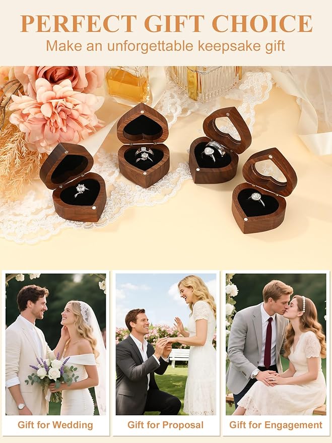 Custom4U Personalized Wedding Ring Box for Proposal Heart Wooden Ring Holder with InitialCustom Name Jewelry Box for Engagement
