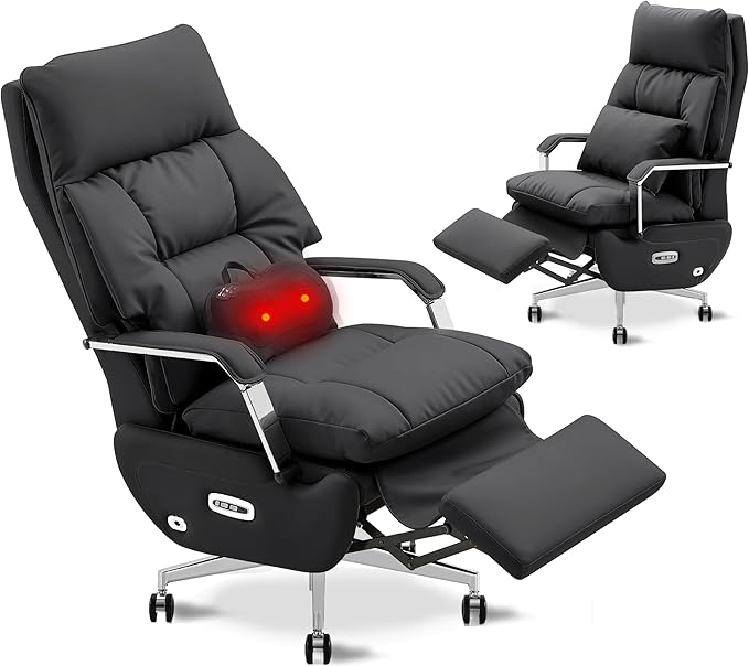 Dual Motor Executive Home Reclining Office Chair with Footrest - One-Click Electric Recline with Massage & Pillow Support Big and Tall PU Leather Ergonomic Desk Chair, High Back Wide Seat (Black)