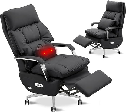 Dual Motor Executive Home Reclining Office Chair with Footrest - One-Click Electric Recline with Massage & Pillow Support Big and Tall PU Leather Ergonomic Desk Chair, High Back Wide Seat (Black)