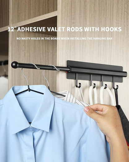 Adhesive Valet Rods for Closets Black Closet Valet Rod with Hooks 12 inch valet rod for closet pull out Valet Rods for Closet Storage and Organization Storage Clothes Hanger