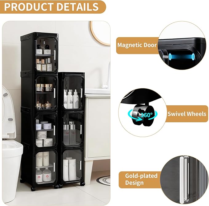 3-Tier Narrow Slim Bathroom Storage Cabinet with Wheels, Black | Tool Free Assembly, Adjustable shelves, Lockable Wheels, Magnetic Clear Door, Fits for Narrow Spaces