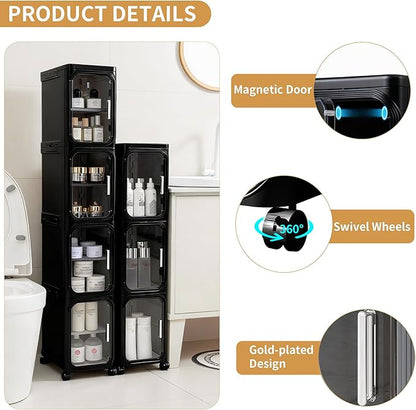3-Tier Narrow Slim Bathroom Storage Cabinet with Wheels, Black | Tool Free Assembly, Adjustable shelves, Lockable Wheels, Magnetic Clear Door, Fits for Narrow Spaces