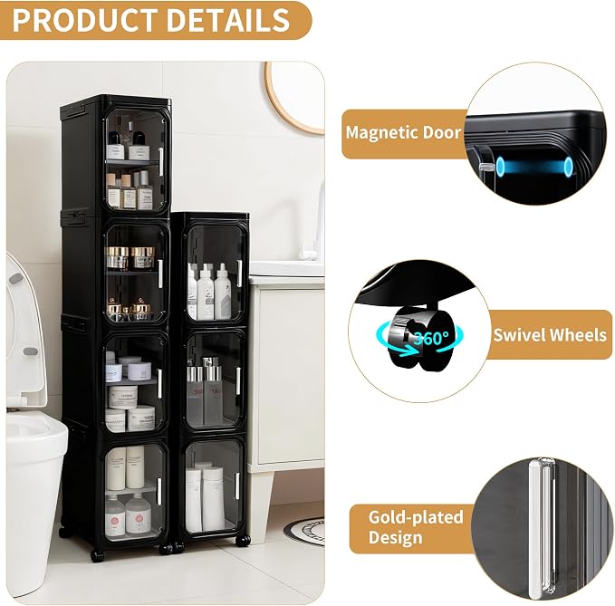 5-Tier Tall Narrow Slim Bathroom Storage Cabinet, Black | Tool Free Assembly, Adjustable shelves, Fits for Narrow Spaces, Lockable Wheels, Magnetic Clear Door