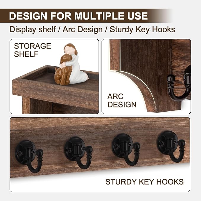 Key and Mail Holder Wall Mount, Key Holder with Shelf and Mail Organizer Wall Mount. Mail Holder with 5 Hooks for Coat, Dog Leash, Home Decor Rack, Entry Way Organizer (Brown)