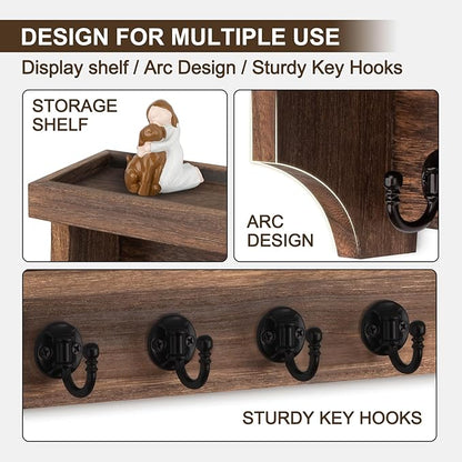 Key and Mail Holder Wall Mount, Key Holder with Shelf and Mail Organizer Wall Mount. Mail Holder with 5 Hooks for Coat, Dog Leash, Home Decor Rack, Entry Way Organizer (Brown)