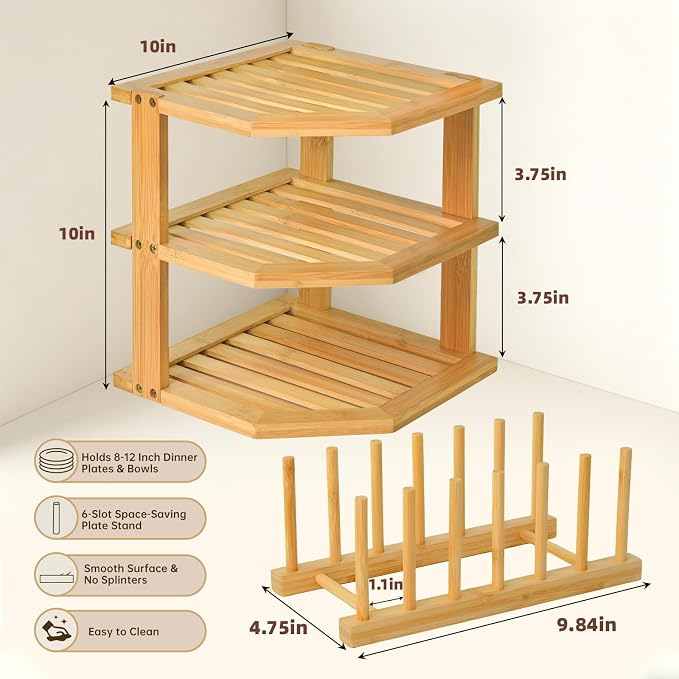 Bamboo Plate Holder Set,3 Tier Corner Shelf & Vertical Plate Stand,Sustainable Dish Organizer for Cabinet,Countertop,Small Space Organization,Durable Dish Rack for Cups,Cutting Boards ,Books - 2 Set