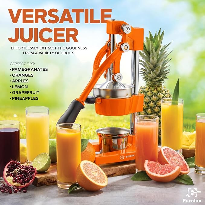 Eurolux Ultra-Premium Cast Iron Juicer | Extra-Large, Heavy Duty, Commercial Grade, Stainless Steel Manual Hand Press Citrus Squeezer For Fresh Orange Juice, Pomegranate, Lemon, and Much More (Orange)