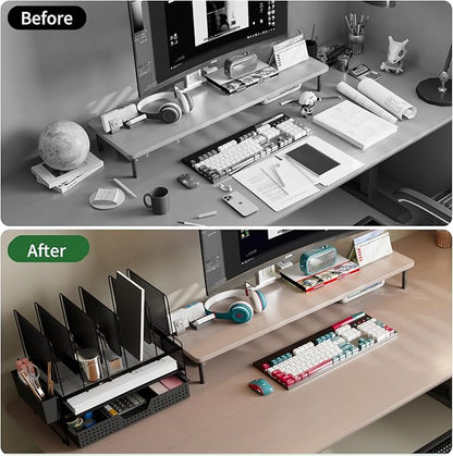 Desk Organizer, Office Organization with Vertical File Holder, File Organizer with Drawer and Pen Holder, Desk Accessories and Workspace Organizers for Home Office (Black)