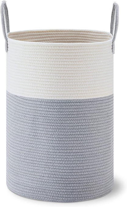 VIPOSCO Large Laundry Hamper, Tall Woven Rope Storage Basket for Blanket, Toys, Dirty Clothes in Living Room, Bathroom, Bedroom - 58L Grey & White