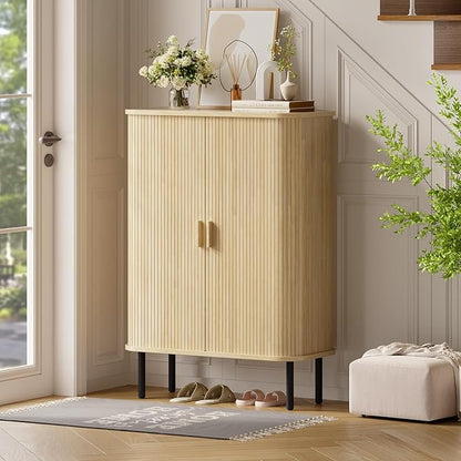 ONBRILL 6-Tier Shoe Cabinet with Sliding Door, Wooden Shoe Storage Cabinet with Adjustable Shelves, Mid-Century Modern Freestanding Shoe Storage Organizer for Entryway, Hallway, Living Room, Oak
