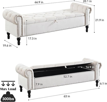 Velvet Storage Bench 67 Inch Upholstered Tufted Ottoman Bench with Arms Large Storage Space King Size End of Bed Benches for Bedroom Living Room Entryway Beige