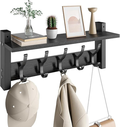 Optish Coat Rack Wall Mount with Shelf, 17.1 Inch Coat Hanger Walls Mounted, Hat Rack for Walls, Shelf with 5 Coat Hooks, Wall Hanger for Entryway (Black)