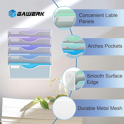 5 Tier Hanging Wall File Organizer, Mesh Mail Paper Orgnization Hanging File Folder Holder for Home Office, White