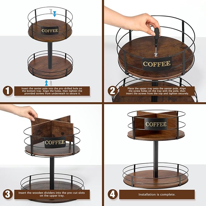 Sieral 360° Rotating Coffee Bar Organizer 2 Tier Coffee Bar Lazy Susan Wood Metal Station Organizer Holder with Convenient Grab-and-go for Countertop Pod Syrup Mug Tea Spice Snack Kitchen Office