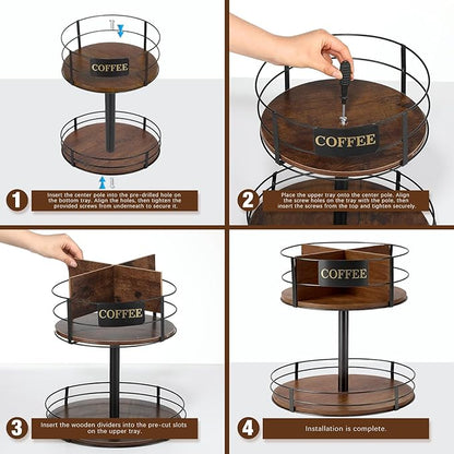 Sieral 360° Rotating Coffee Bar Organizer 2 Tier Coffee Bar Lazy Susan Wood Metal Station Organizer Holder with Convenient Grab-and-go for Countertop Pod Syrup Mug Tea Spice Snack Kitchen Office