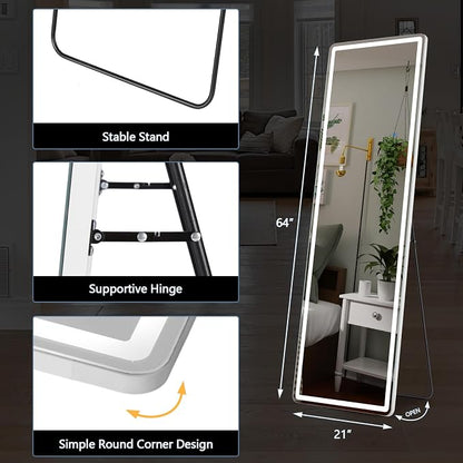 OLIXIS 21"x 64" LED Full Length Mirror with Lights, Standing Lighted Floor Full Body Mirror with 3 Color Lighting, Wall Mounted Mirrors for Bedroom, Bathroom, Entryway with Tempered Glass