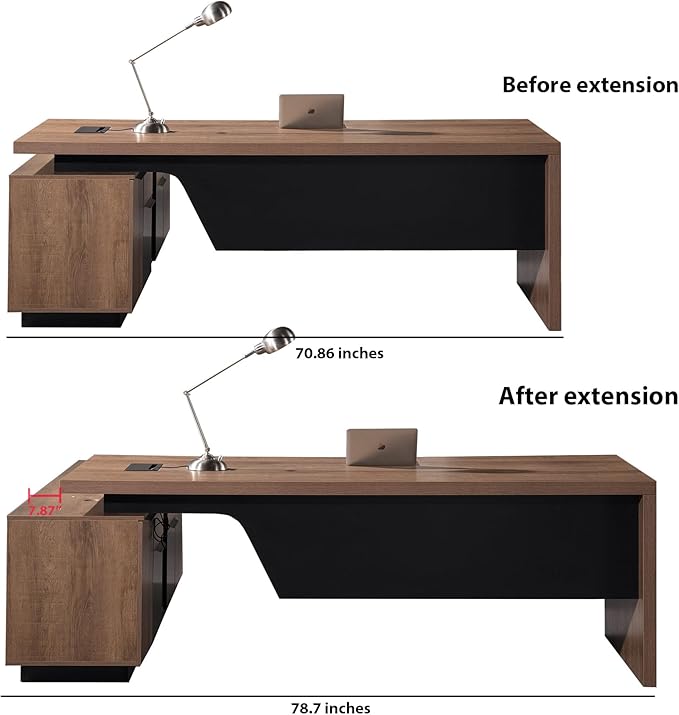 SAINTCY Retractable L-Shaped Executive Desk, Commercial-Grade Office Desk with Reversible Storage Cabinet, Built-in Power Hub, Modern Executive Desk for Home & Business Office