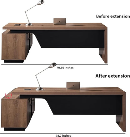 SAINTCY Retractable L-Shaped Executive Desk, Commercial-Grade Office Desk with Reversible Storage Cabinet, Built-in Power Hub, Modern Executive Desk for Home & Business Office