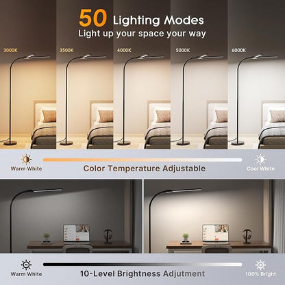 Syrinx LED Floor Lamp, 14W 2000LM Bright Floor Lamp for Office, Gesture & Remote Control, Dual Head Goose-Neck Standing Lamp, Dimmable Brightness & Color Temp, Eye Caring Reading Light for Living Room
