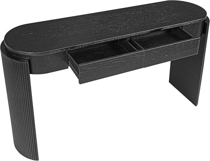 Entryway Table with Natural Wood Grain Finish, Console Table with Fluted Design, Oval Top and 2 Drawers for Entryway and Living Room (Black)