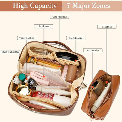 Valentine's Day Gifts for Women Teen Girl, Personalized Initial Makeup Organizer Bag Set, Open Flat Travel Cosmetic Bag With Clear Divider and Handle(Brown,H)