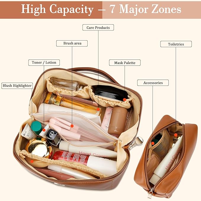 Valentine's Day Gifts for Women Teen Girl, Personalized Initial Makeup Organizer Bag Set, Open Flat Travel Cosmetic Bag With Clear Divider and Handle(Brown,J)