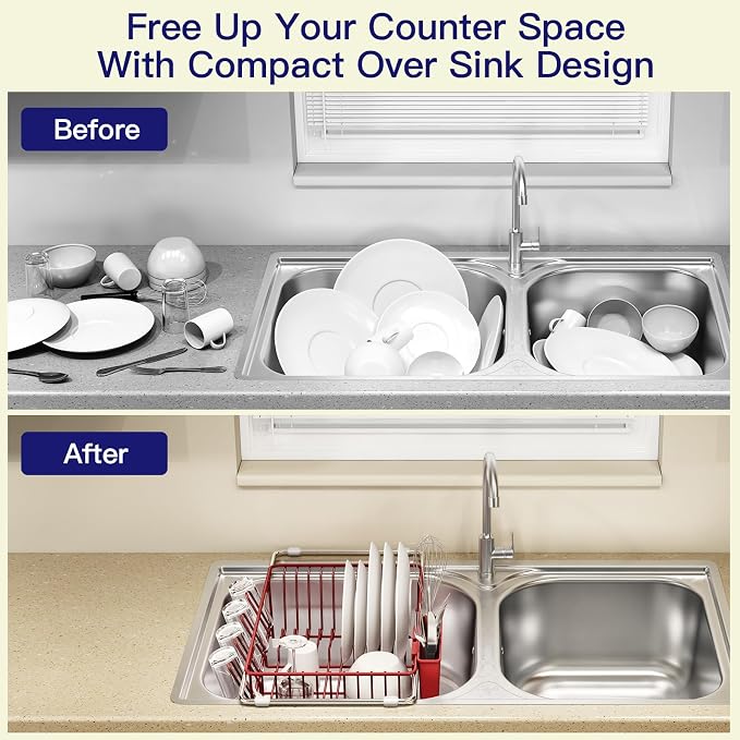 MAJALiS Red Dish Drying Rack Over The Sink with Utensil Holder, Mat | Expandable Stainless Steel Dish Drainer for Small Kitchen, Apartment, RV, Counter Space Saving, Perfect Fit, Rustproof
