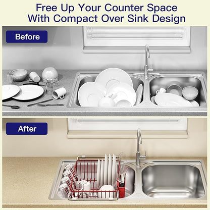 MAJALiS Red Dish Drying Rack Over The Sink with Utensil Holder | Expandable Stainless Steel Dish Drainer for Small Kitchen, Apartment, RV, Counter Space Saving, Perfect Fit, Rustproof