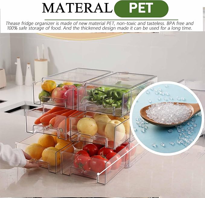 bealy 2 Pack Stackable Clear Storage Drawer,Clear Refrigerator Organizers and Storage Drawer, Pull Out Drawer for Fridge Kitchen Bathroom Cabinet Closet Office Organizer