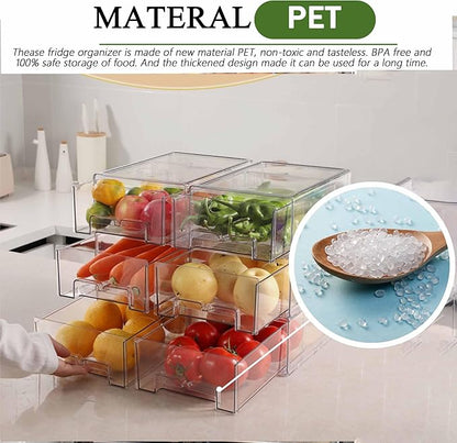 bealy 2 Pack Stackable Clear Storage Drawer,Clear Refrigerator Organizers and Storage Drawer, Pull Out Drawer for Fridge Kitchen Bathroom Cabinet Closet Office Organizer
