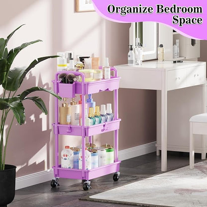 SUNALLY 3 Tier Rolling Cart Organizer with Drawer, Bathroom Storage Carts with Wheels & Plastic Shelf, Mobile Storage Organizers for Kitchen, Office, Laundry Room, Baby, Snack, Craft, Makeup, Purple