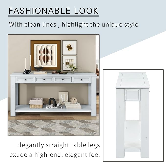 Knocbel Console Table Hallway Sofa Entryway Side Table 63" Long Furniture with 4 Drawers and Bottom Shelf for Living Room Home Decor, New Antique White