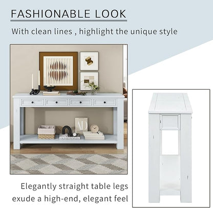 Knocbel Console Table Hallway Sofa Entryway Side Table 63" Long Furniture with 4 Drawers and Bottom Shelf for Living Room Home Decor, New Antique White