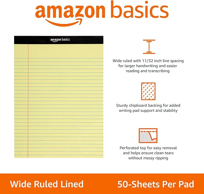 Amazon Basics Wide Ruled Lined Writing Pads, 8.5" x 11.75", Canary, 12-Pack of 50 Perforated Sheets, Sturdy Backing