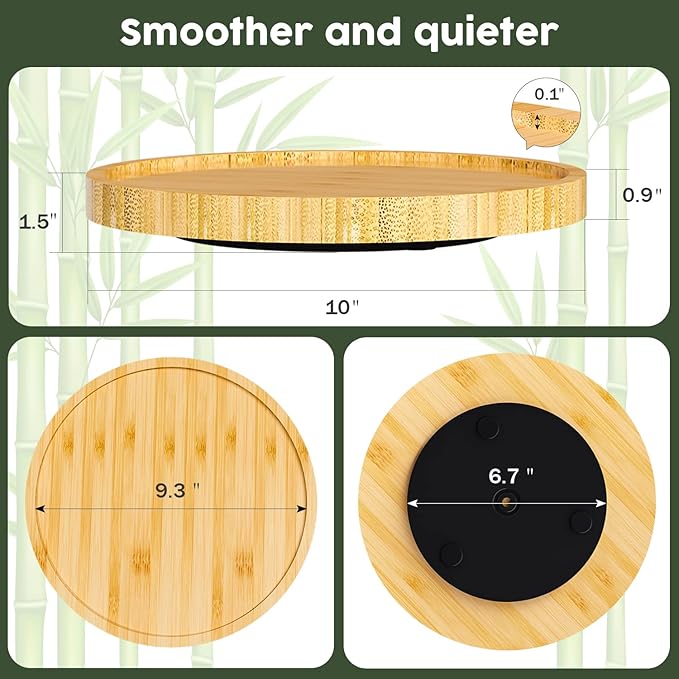 Lazy Susan Organizer, 10 Inch Non-Skid Bamboo Turntable Organizer for Salt Pepper Olive Oil and Spices Next to Stove, Wooden Lazy Susan for Table or Kitchen Countertop Organizer