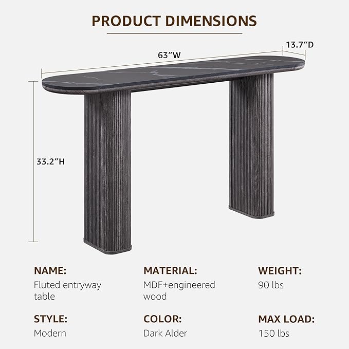 OKD 63" Modern Console Table with Arc Faux Marble Texture Top, Fluted Wood Base, Contemporary Entryway Sofa Table for Living Room, Hallway, Foyer, Dark Alder