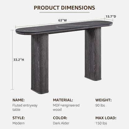 OKD 63" Modern Console Table with Arc Faux Marble Texture Top, Fluted Wood Base, Contemporary Entryway Sofa Table for Living Room, Hallway, Foyer, Dark Alder