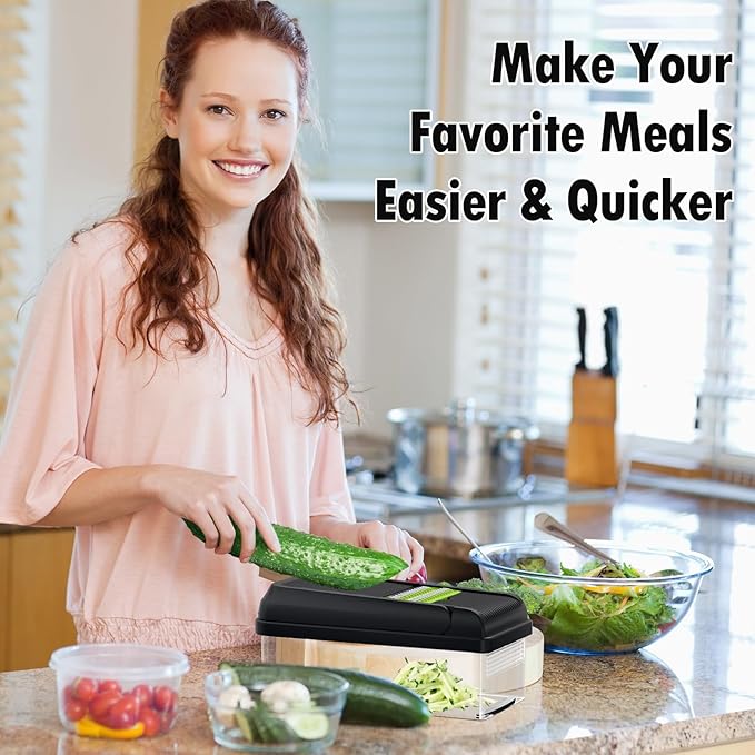 SpaceHacks 15-in-1 Vegetable Chopper, Kitchen Gadgets with 10 Blades, Veggie, Food, Onion Chopper, Cucumber Slicer, Versatile Mandoline, Includes Egg Separator & Finger Guard, Green