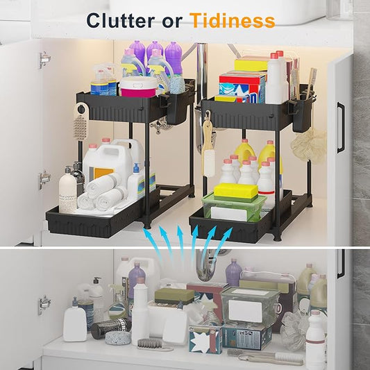 Sevenblue 2 Packs Under Sink Organizer, Height Adjustable 2 Tier Under Kitchen Sink Organizer, Multi-Purpose Storage Shelf for Kitchen Bathroom Cabinet, Deep-Black,12.85 Inches