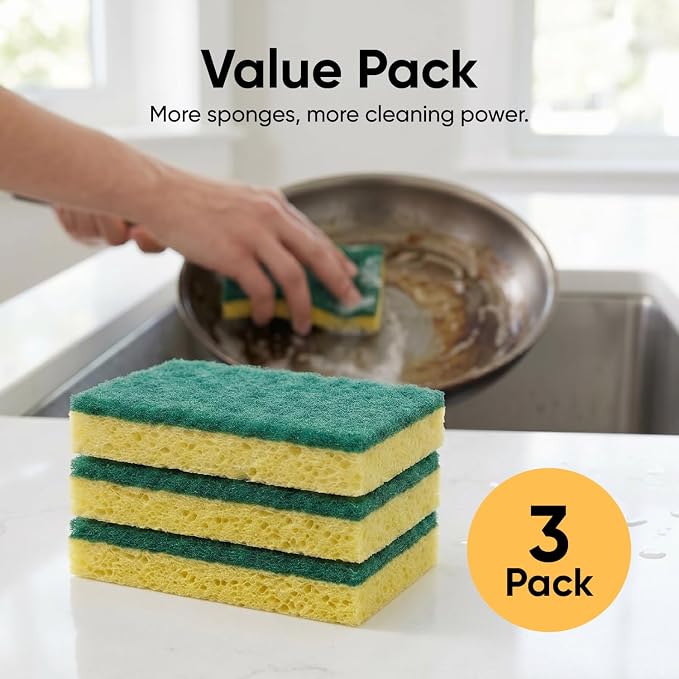Scrubee Heavy Duty Scrub Sponge with Scouring Pad, Kitchen Dishwashing, Sink, Pot and Frying Pan Cellulose Scrubber Sponge Non Scratch. By Superio… (4.5" 12 Pack)