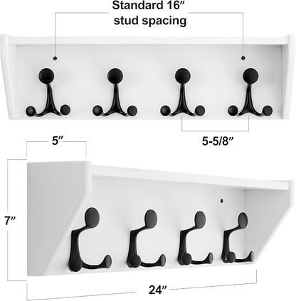 SKOLOO Wall Shelf with Hooks, 24-Inch White Coat Rack Wall Mount with Shelf Organizer - Heavy Duty, 4 Tri Hooks - Perfect for Entryway, Hallway, Living Room, Bedroom, Mudroom