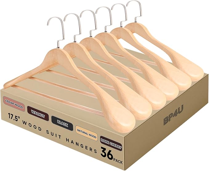 36-Pack Premium Wide Shoulder Wooden Suit Hangers, 17.5" Heavy-Duty Solid Wood Coat Hangers with Pant Bar for Men's Heavy Garments, Blazers, Jackets (Natural Wood)