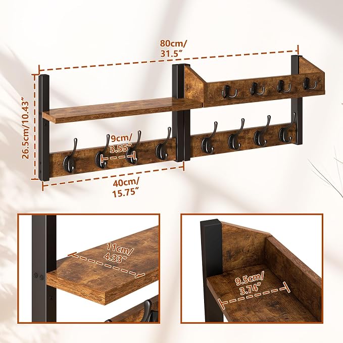 YMYNY 31.5" Coat Rack Wall Mount with Shelf, 4 in 1 Key and Coat Hanger with 12 Metal Hooks, Wall Shelf with Hooks & Mail Holder for Living Room, Bedroom, Rustic Brown, HWS007H-2