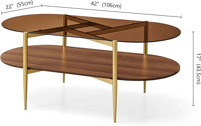 Oval Glass Coffee Table, Mid-Century Modern Design, L42*W22*H17 inch, for Living Room, Amber Glass Top and Walnut Finish Wood Shelf, Conical Metal Legs with Gold Finish