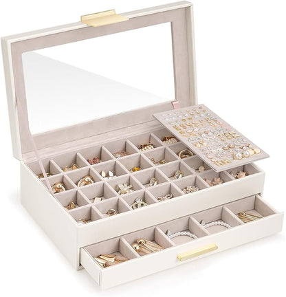 Lolalet Earring Storage Box Case with Glass Top, Large Earring Jewelry Holder Organizer Display with Drawer and Grid, Gift for Girls Women -2 Tiers, Cloud White
