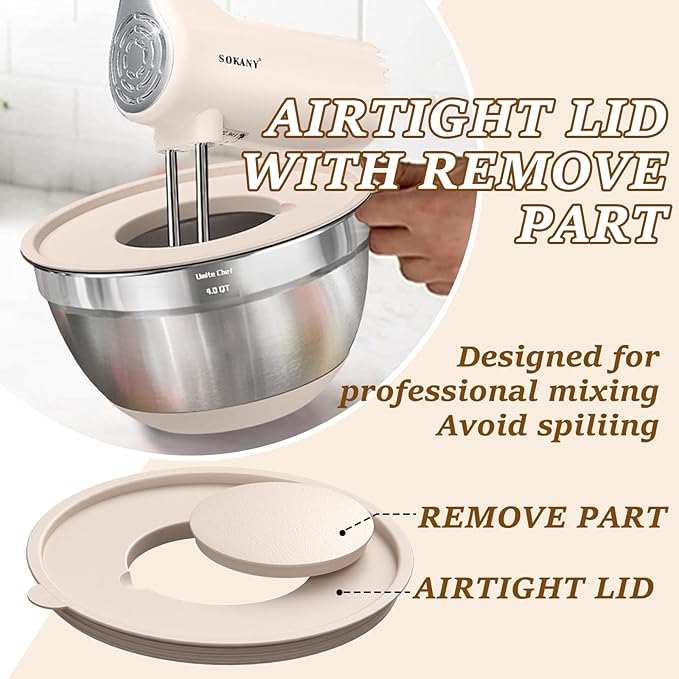 Umite Chef Mixing Bowls with Airtight Lids Set, 8PCS Stainless Steel Nesting Bowls with Grater Attachments, Non-Slip Bottoms, 5, 4, 3.5, 2, 1.5QT for Mixing & Serving