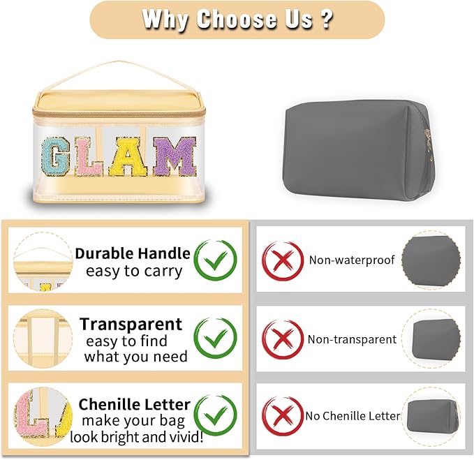 Chenille Letter Clear Makeup Bags Glam Pouch, Preppy Patch Makeup Bag Zipper with Handle, Transparent PVC & Nylon Waterproof Glitter Cosmetic Handbag Travel Toiletry Storage for Women Girl(GLAM-Beige)