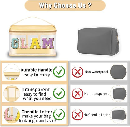 Chenille Letter Clear Makeup Bags Glam Pouch, Preppy Patch Makeup Bag Zipper with Handle, Transparent PVC & Nylon Waterproof Glitter Cosmetic Handbag Travel Toiletry Storage for Women Girl(GLAM-Beige)