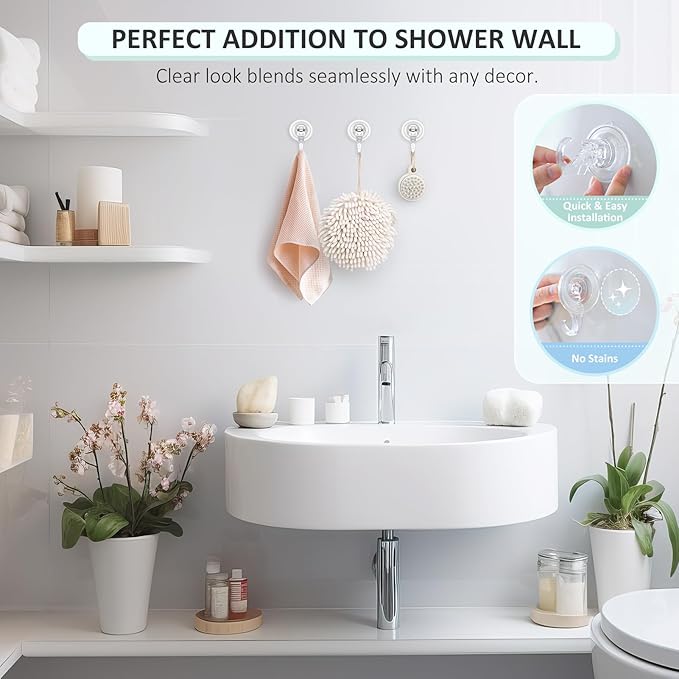 VIS'V Suction Cup Hooks, Small Shower Suction Hooks, Heavy Duty, Removable and Reusable, Clear, 2 Pcs